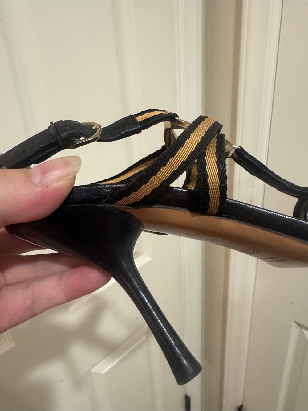 Gucci/Black Leather/Gold FabricT-Strap Heels/Buckle @ Ankle/GOLD GG Accent! 6.5! - Picture 14 of 16